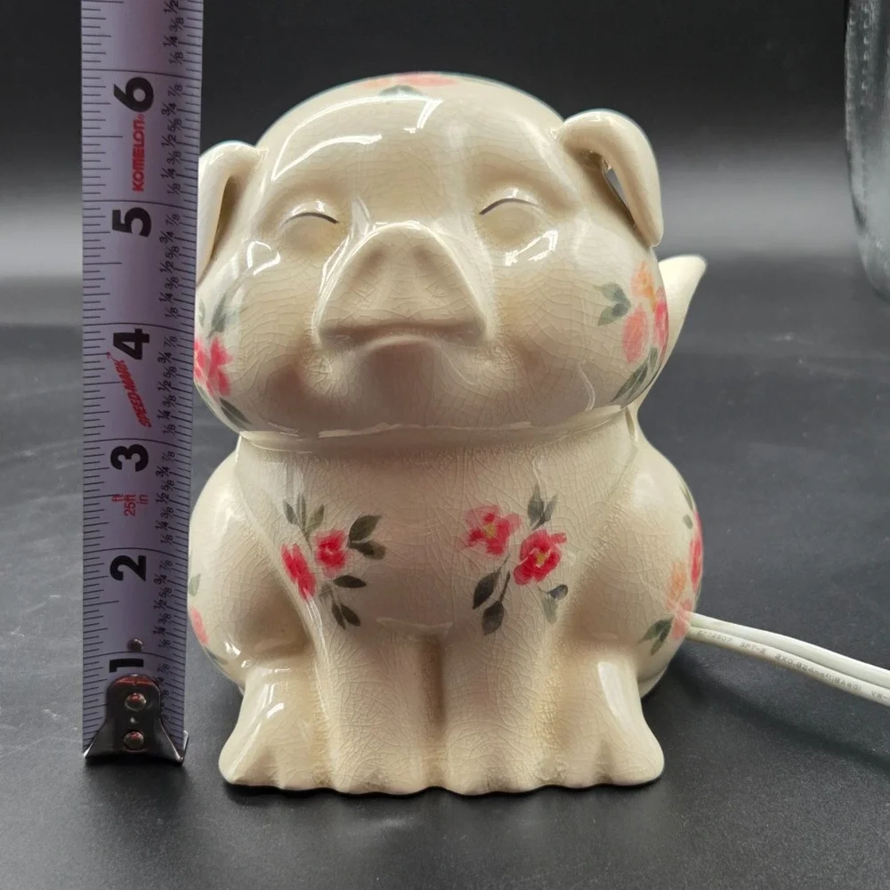 Shabby Chic Ceramic Flying‎ Pig Night Light With Roses and Wings VINTAGE